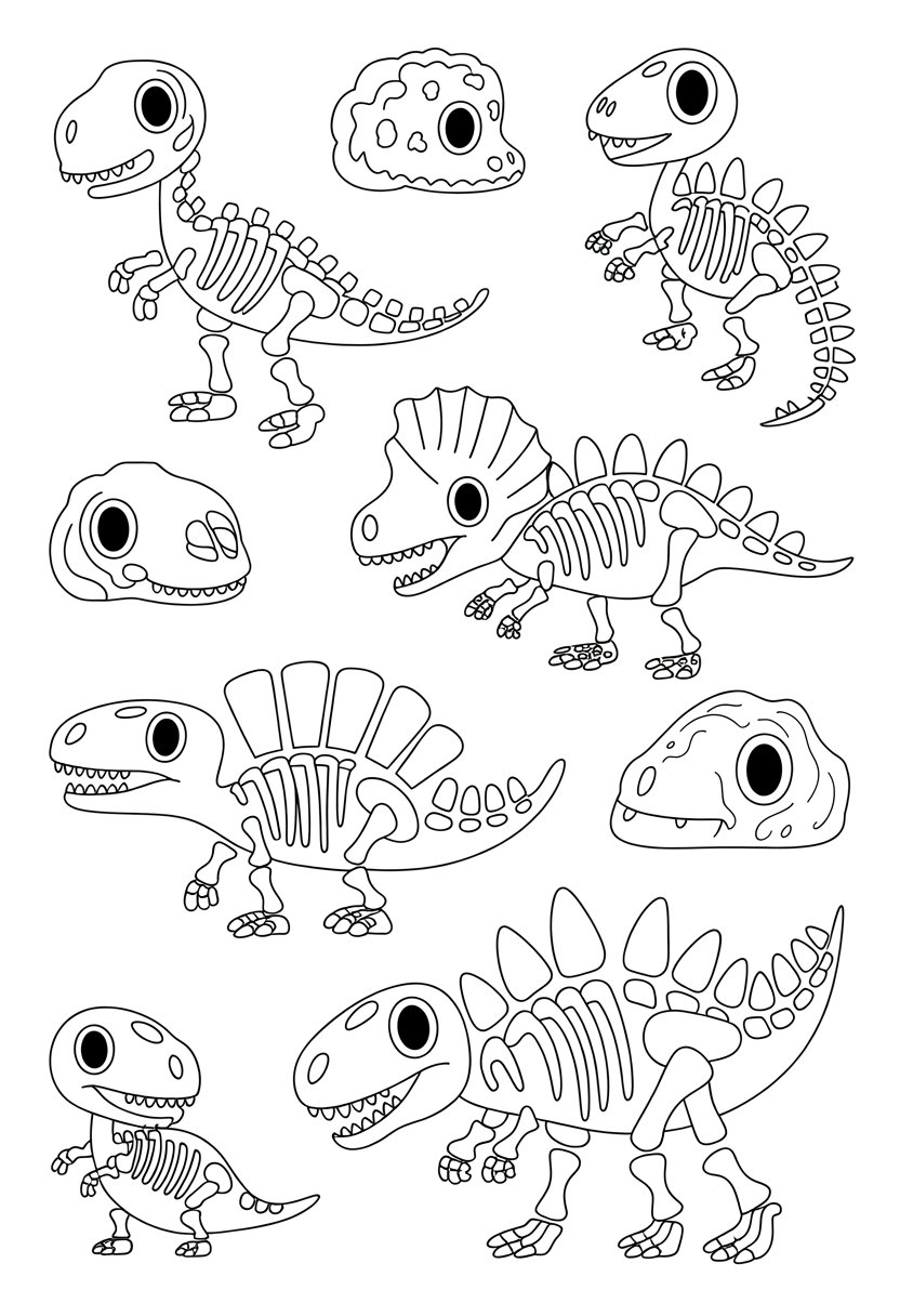 Cute Dinosaur Coloring Pages for Kids: 20 Fun and Easy Designs 37 A collection of cute cartoon dinosaur fossils including T-Rex, Triceratops, and Stegosaurus skeletons arranged on a blank background.